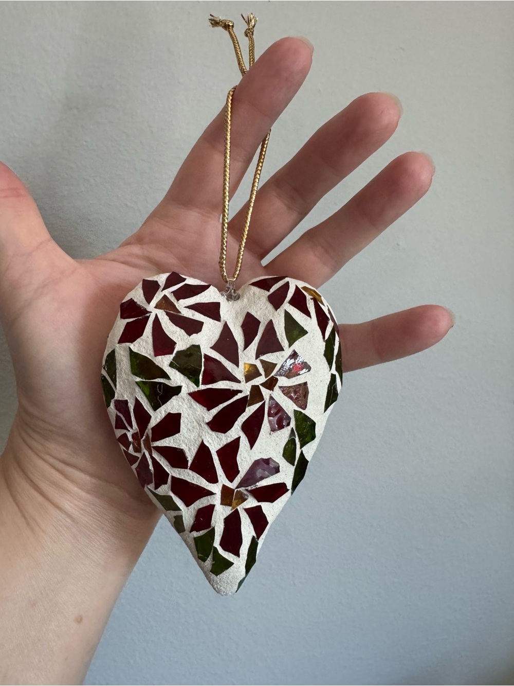 Handcrafted Mosaic Heart with Poinsettias Ornament in Red, Green and White